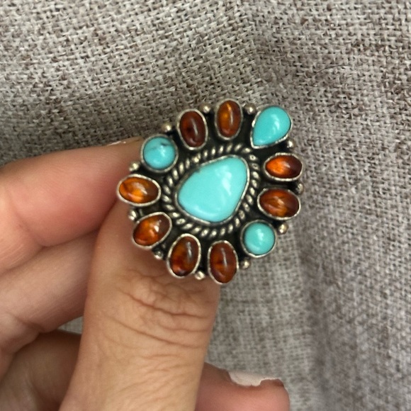 925 and genuine turquoise and amber stone adjustable cluster ring - Picture 2 of 13